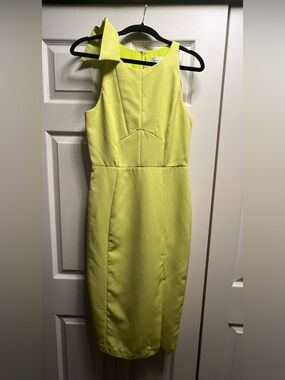 Milly Neon Lime Bow-Shoulder Midi Sheath Dress